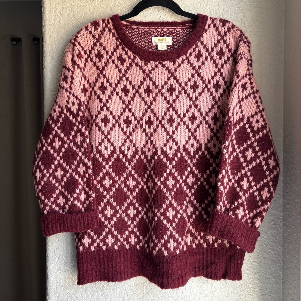 Maeve Anthro Women S Knit Crew Sweater Burgundy Pink Wool Blend Diamond Argyle
